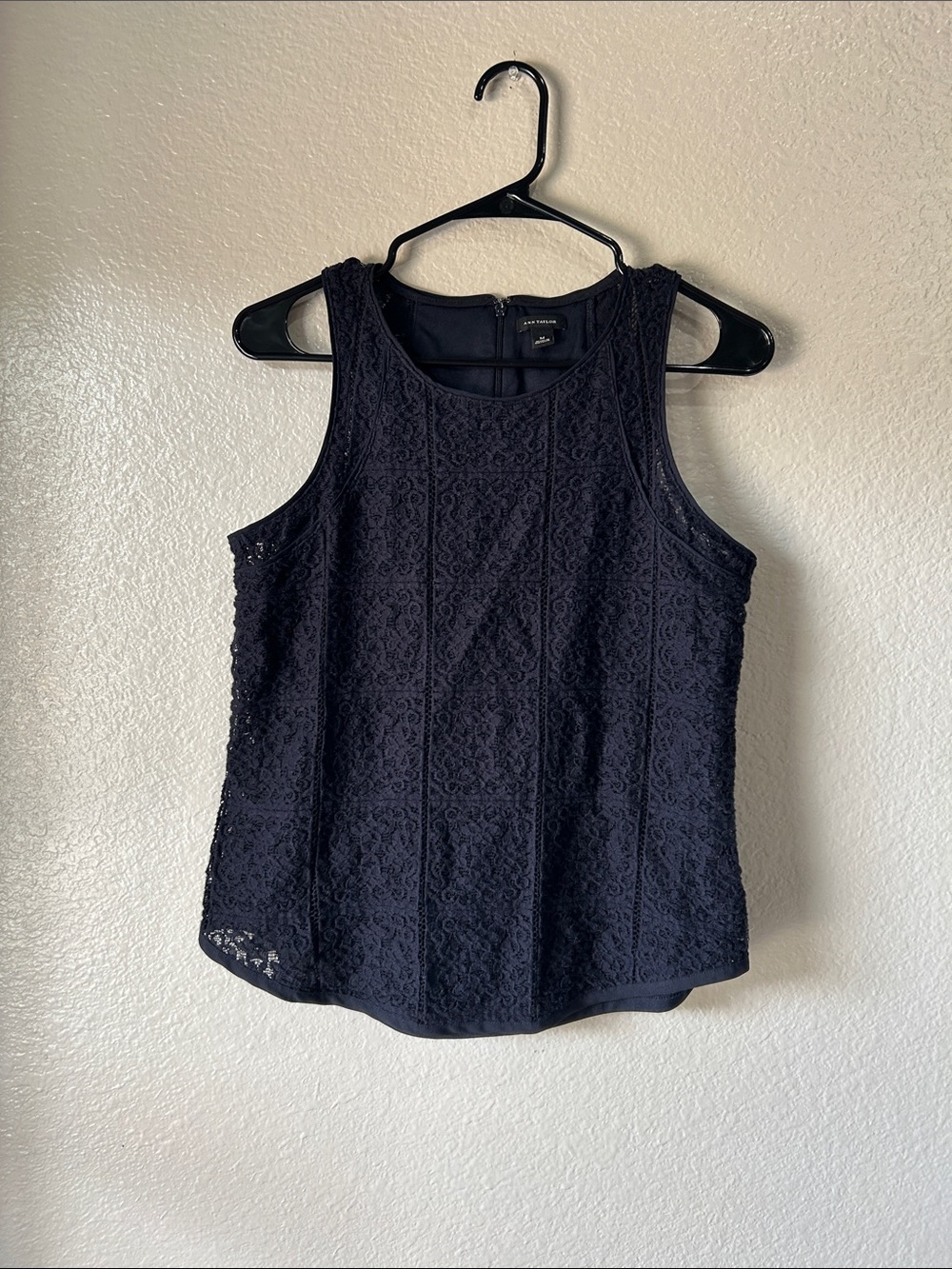 Ann Taylor Navy Blue Lace Layered Tank Sz M Back Zip Boho Cottage Core